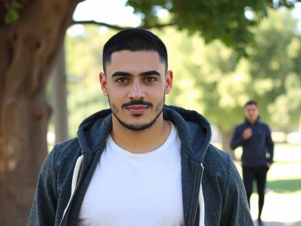 Ritratto minimalistico di un uomo sereno in un ambiente naturale.