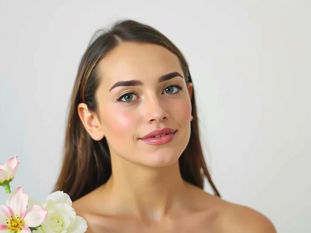 Ritratto minimalistico di una donna con pelle luminosa, circondata da fiori.