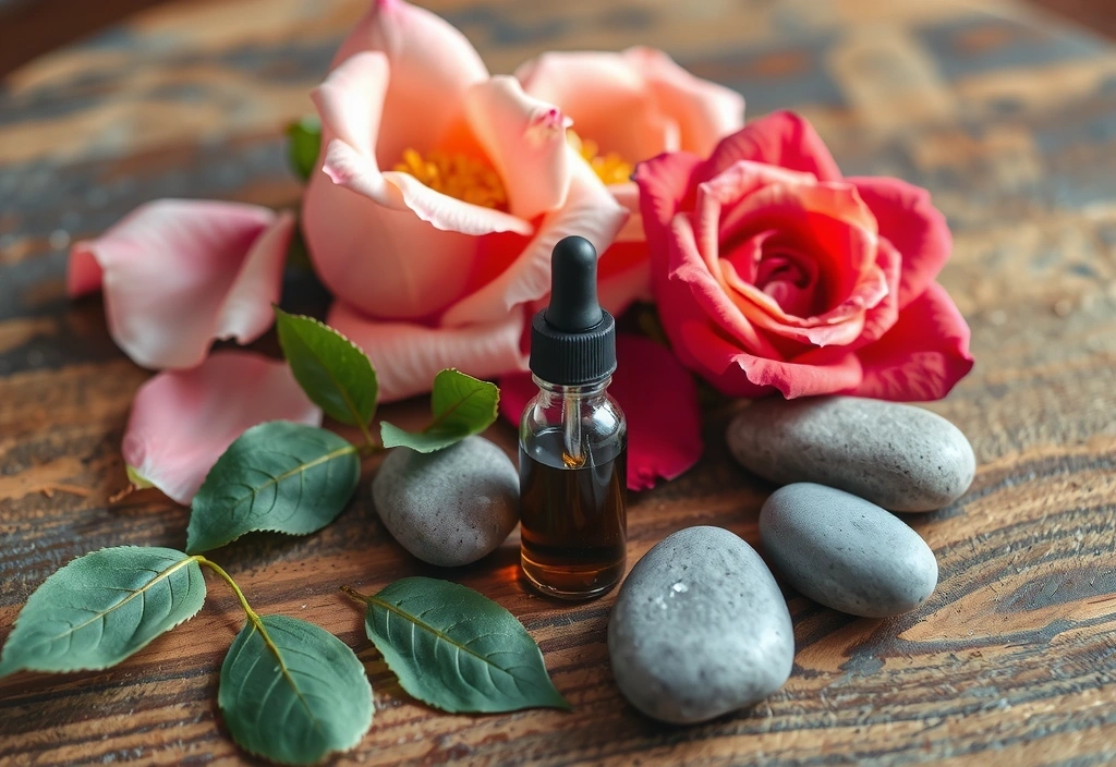 Primo piano di ingredienti naturali come petali di rosa, olio essenziale e foglie verdi su una superficie di legno